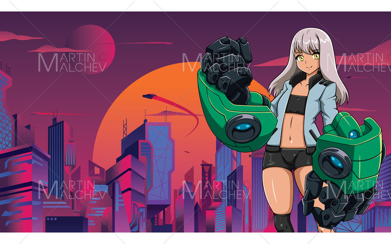 Anime flicka med robotarmar vektorillustration - Features Image 1
