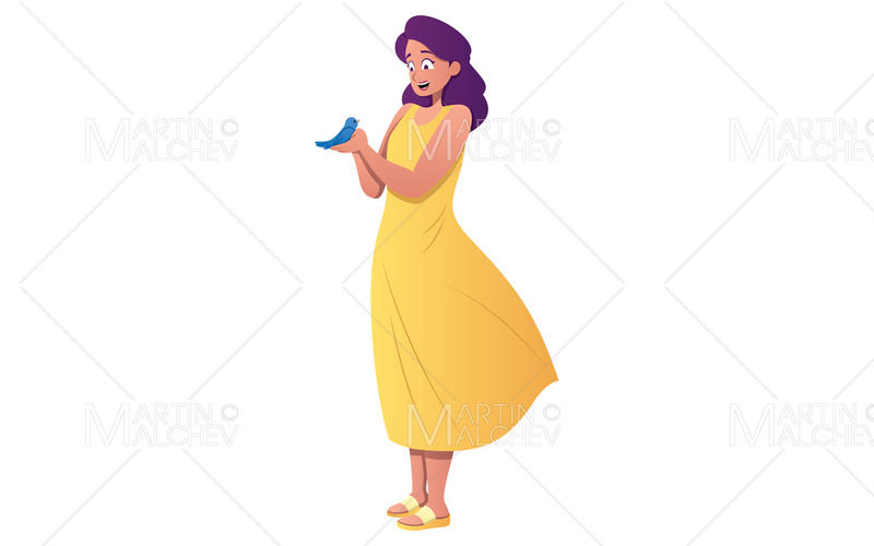 Fille et oiseau sur blanc Vector Illustration - Caractéristiques de l’image 1