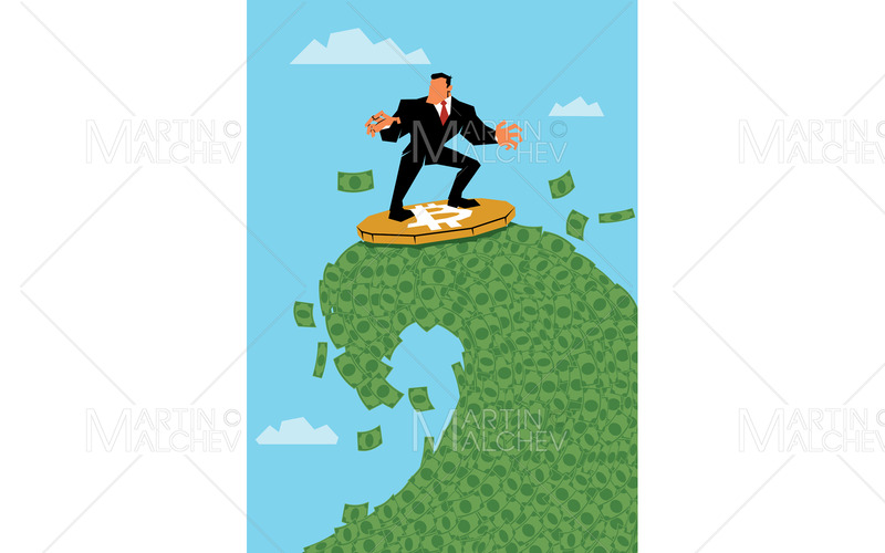 Geschäftsmann Surfen Bitcoin auf Fiat Wave Vector Illustration - Eigenschaften Bild 1