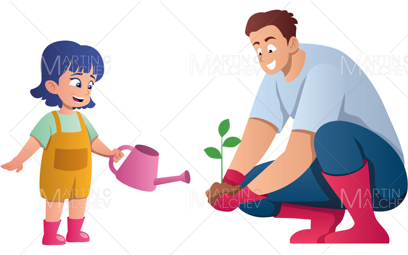 Far och dotter planterar träd på vit vektorillustration - Features Image 1