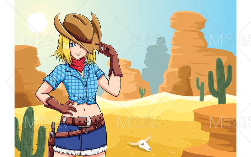 Anime Cowgirl in Desert Vector Illustration - Features Image 1
