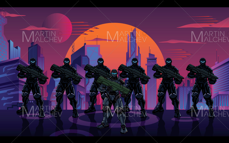 Futuristisk soldatgrupp i stadsvektorillustration. - Features Image 1