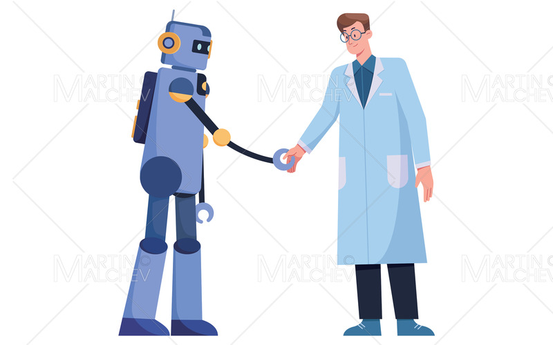 Forskare och robot på vit vektorillustration - Features Image 1