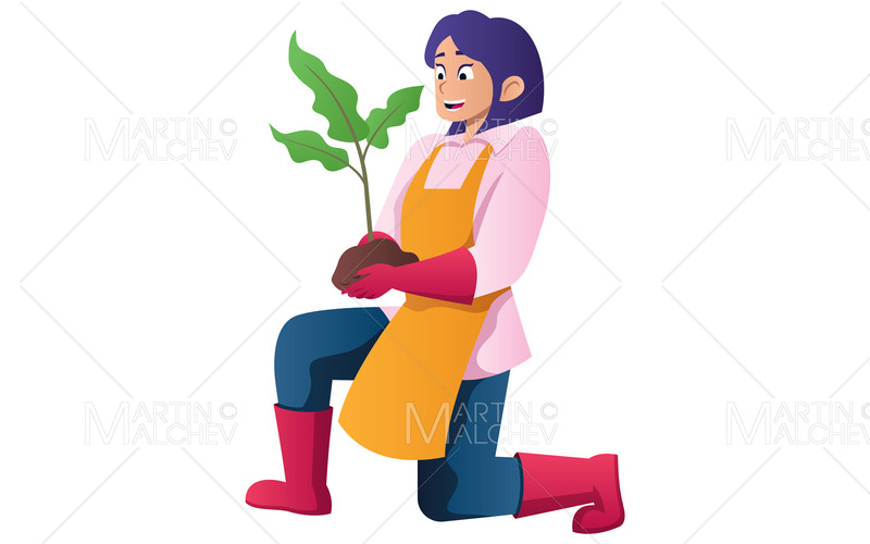 Kvinna som håller anläggningen på vit vektorillustration - Features Image 1
