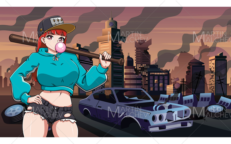 Anime Bat Girl in Ruined City Vector Illustration - Features Image 1