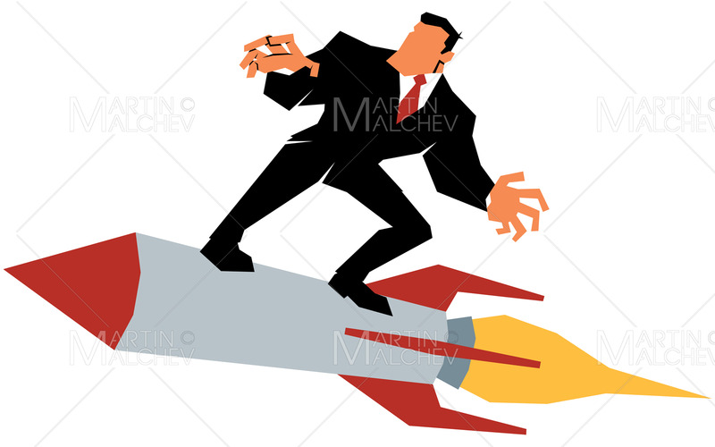 Affärsman surfar på raket på vit vektorillustration - Features Image 1