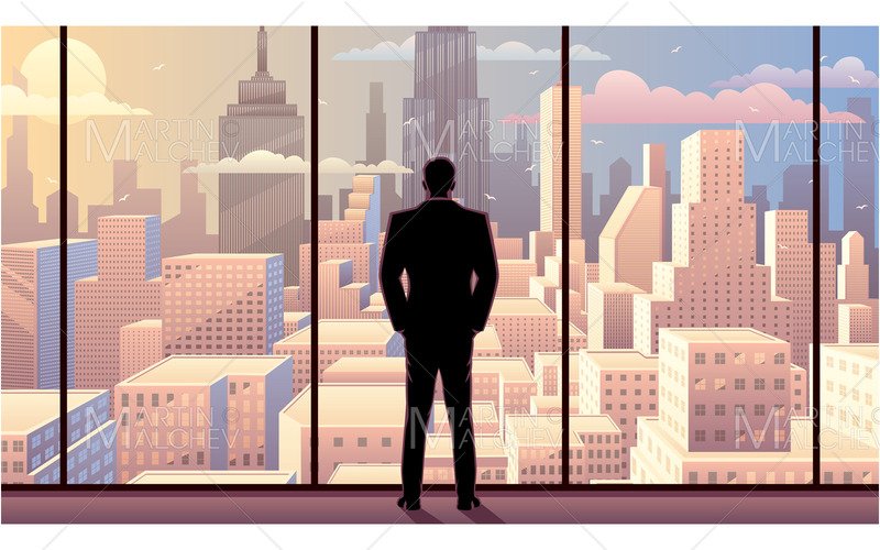 Affärsman tittar på City Day Sunrise vektorillustration - Features Image 1