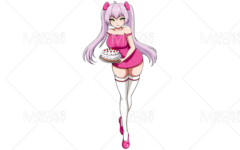 Anime-Mädchen mit Geburtstagstorte auf weißer Vektorillustration - Eigenschaften Bild 1