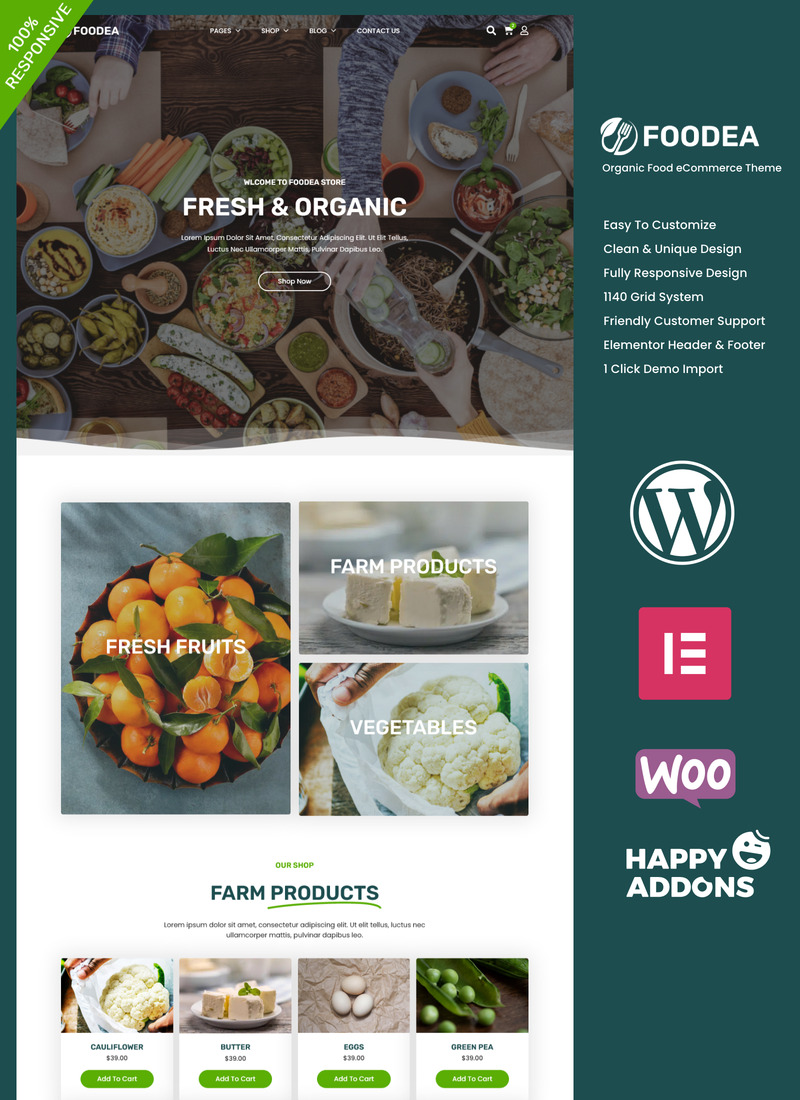 Foodea — шаблон Elementor для WooCommerce, посвященный органическим продуктам питания, бакалейным товарам и фермерской продукции. - Features Image 1