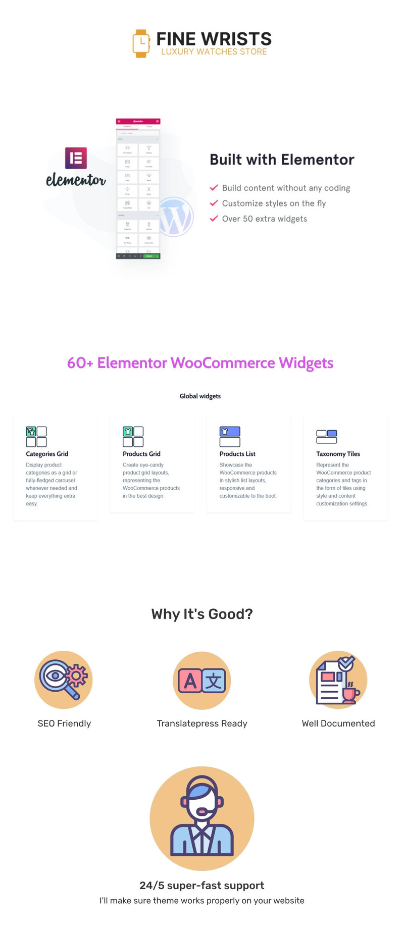 Fine Wrists – WordPress Elementor-Vorlage für den Verkauf von Luxusuhren im Modegeschäft - Eigenschaften Bild 1
