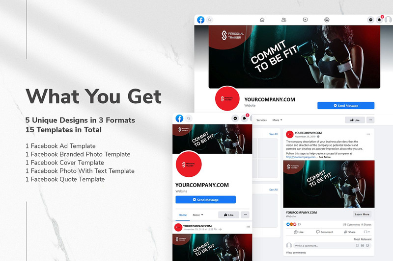 Personal Trainer Facebook Cover and Post Social Media Template - Features Image 1