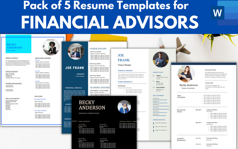 Pack of 5 Finance Advisor / Consultant Resume Templates for MS Word - Features Image 1