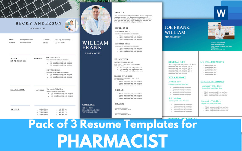 Pack of 3 Resume Templates for PHARMACIST - MS word CV RESUME FORMAT - Features Image 1