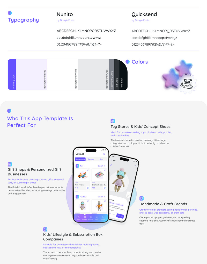 Funville – Gebruikersinterface-sjabloon voor de mobiele app van een speelgoed- en cadeauwinkel - Features Image 2