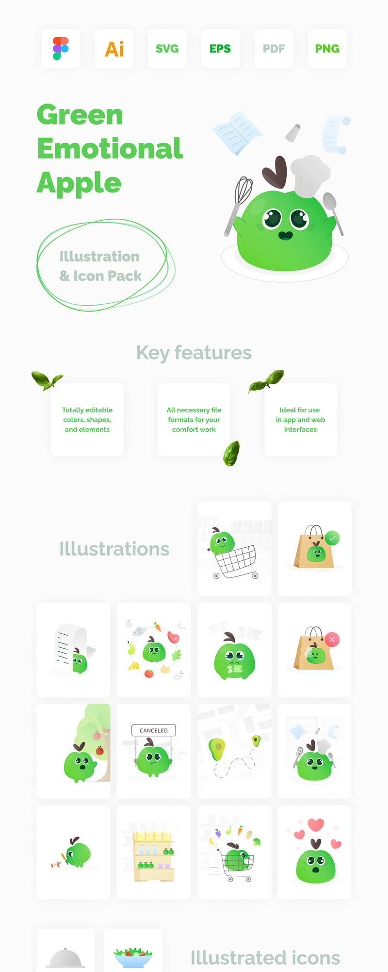 Groene emotionele appel – Uniek speels voedselillustratiepakket - Features Image 1