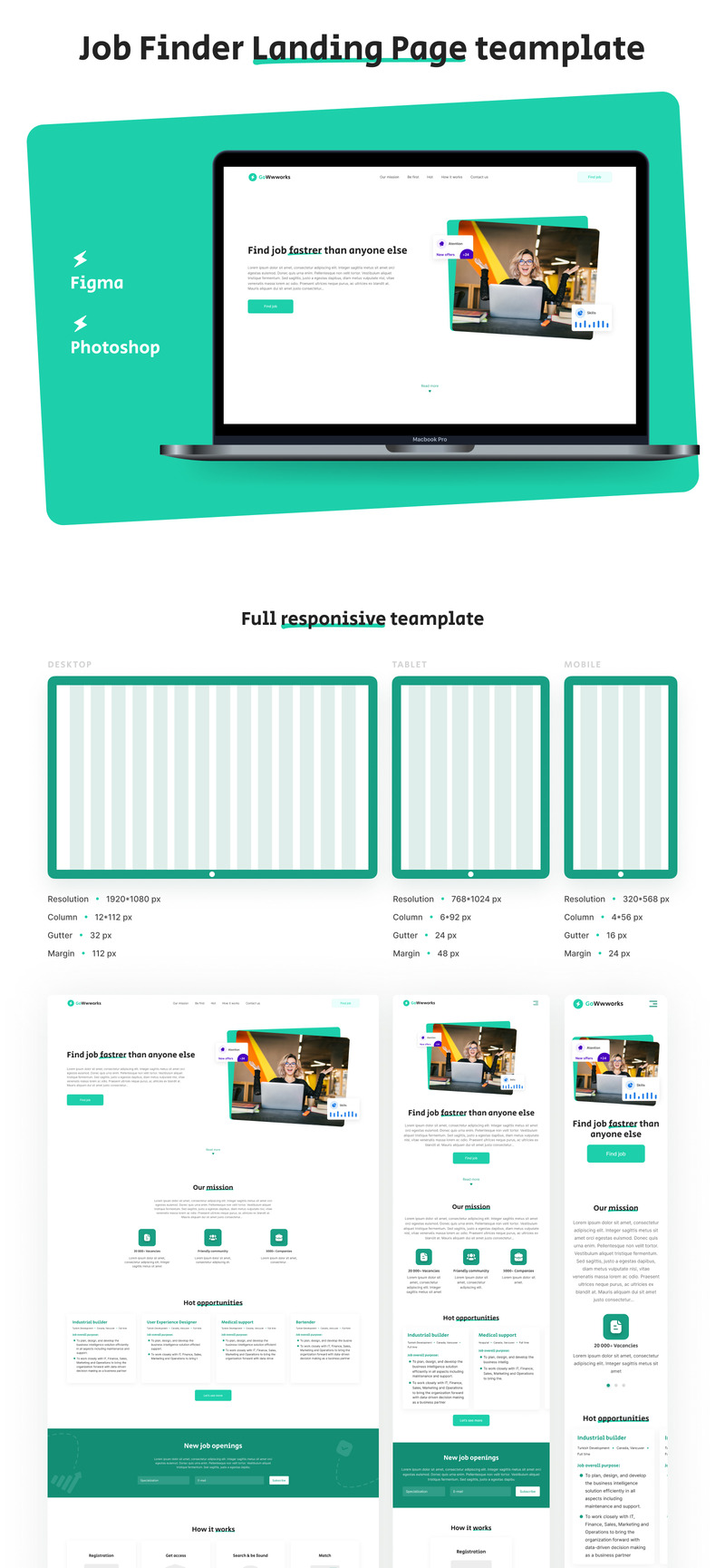 GoWwworks - Modèle d'interface utilisateur de la page de destination de l'agence pour l'emploi minimale - Caractéristiques de l’image 1