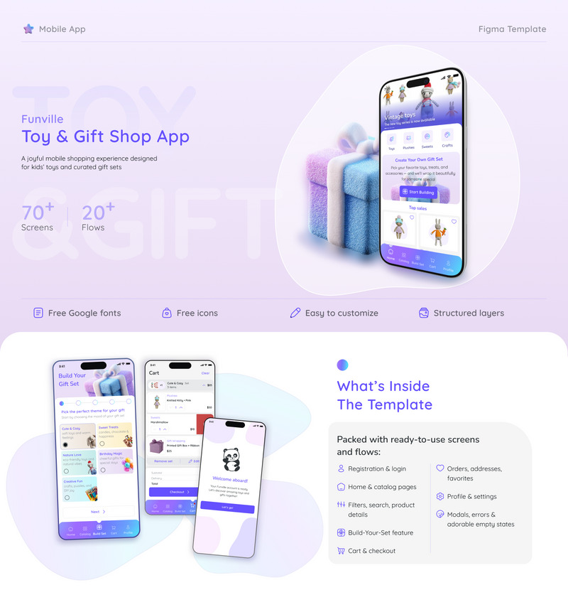Funville – Gebruikersinterface-sjabloon voor de mobiele app van een speelgoed- en cadeauwinkel - Features Image 1