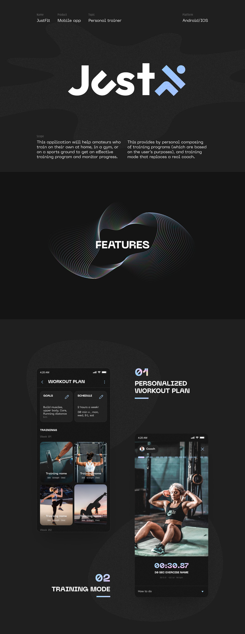 JustFit - Modèle d'interface utilisateur / UX de l'application d'entraînement - Caractéristiques de l’image 1