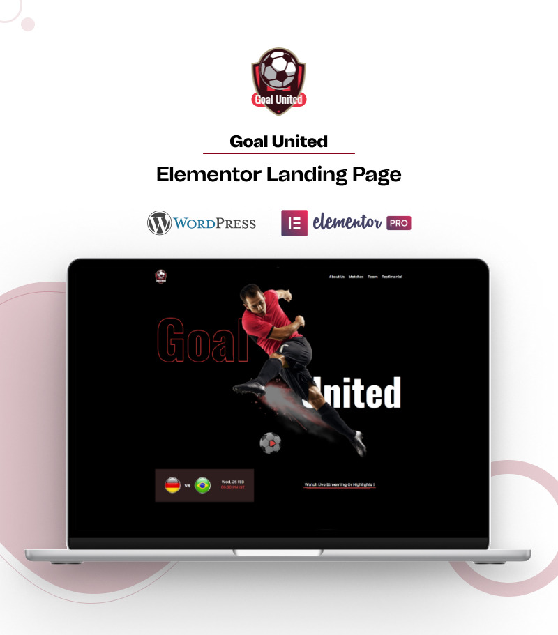 Goal United – Modello di landing page per Elementor dedicato allo sport calcistico su WordPress - Caratteristiche Immagine 1
