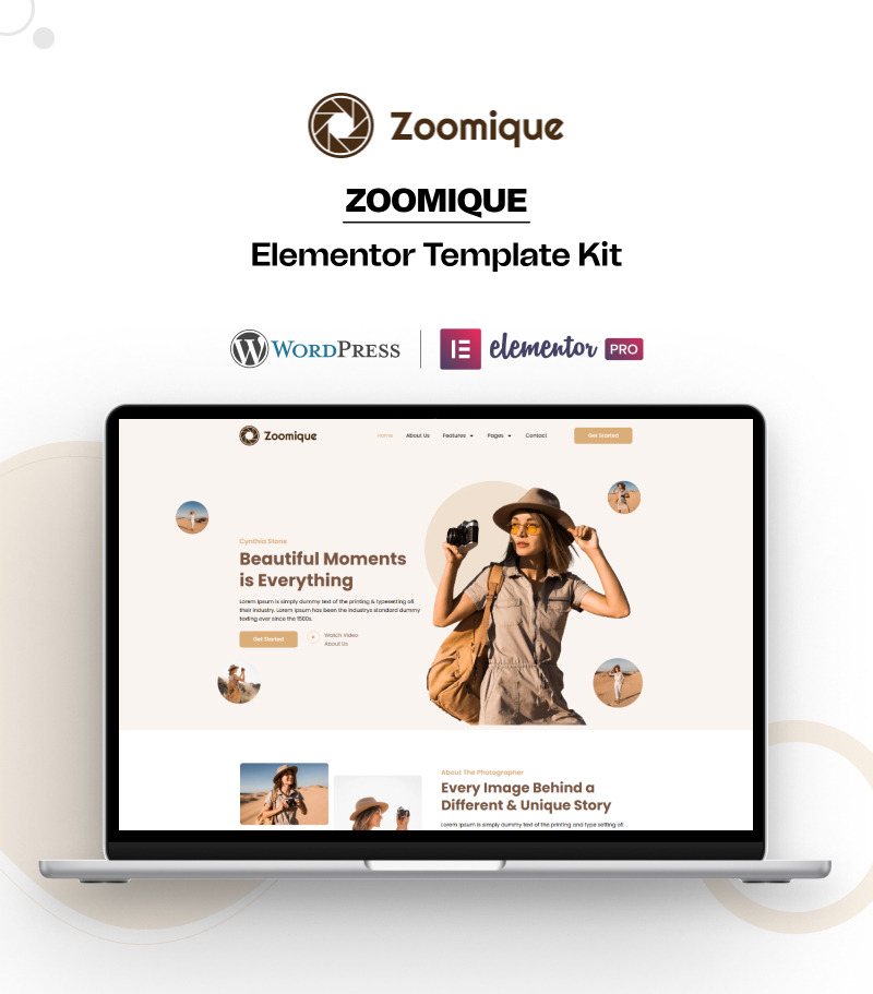Zoomique – Kit modello Elementor per WordPress per servizi di fotografia e registrazione video - Caratteristiche Immagine 1