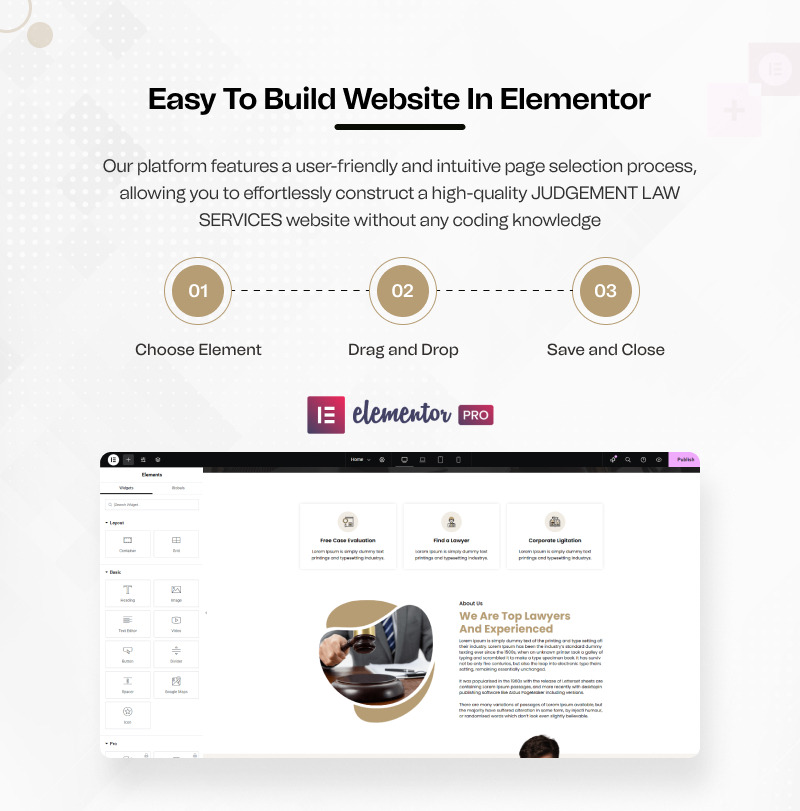 Giudizio – Modello Elementor pronto all'uso per servizi legali WordPress - Caratteristiche Immagine 3