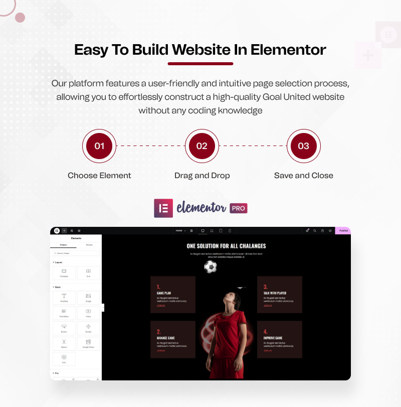 Goal United – Modello di landing page per Elementor dedicato allo sport calcistico su WordPress - Caratteristiche Immagine 4