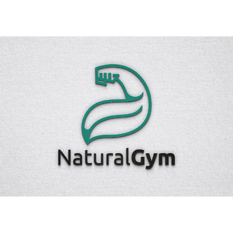 Modello di logo per palestra con mano forte e muscolosa a foglia verde naturale - Caratteristiche Immagine 1