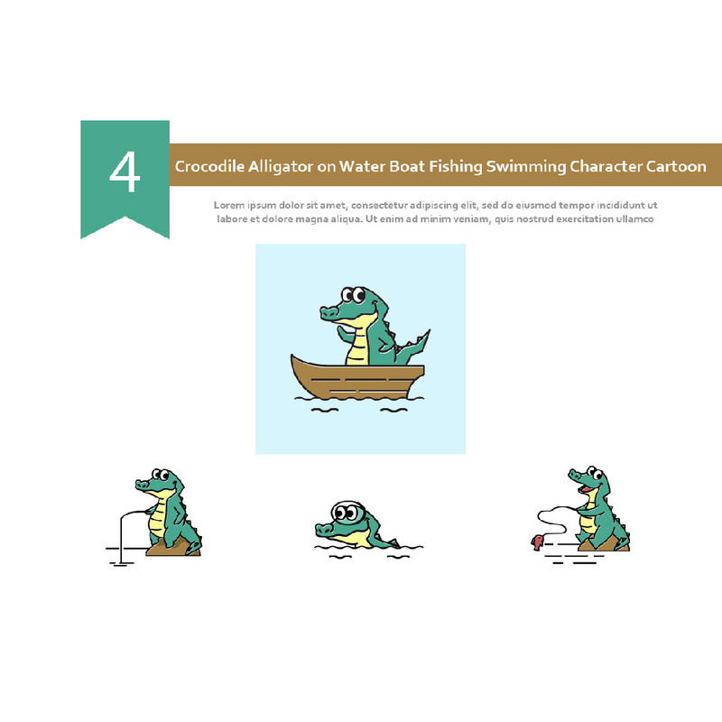 4 Crocodile Alligator on Water Boat Fishing Swimming Character Cartoon Illustration - Features Image 1