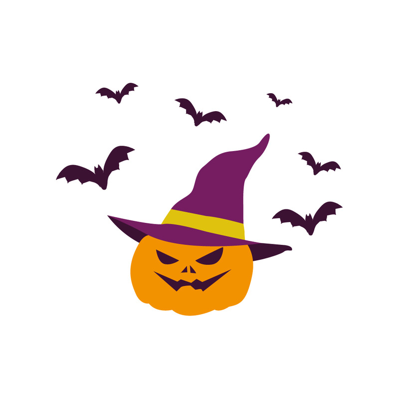 Spooky Halloween Pumpkin with Witch Hat and Bats Illustration - Features Image 1