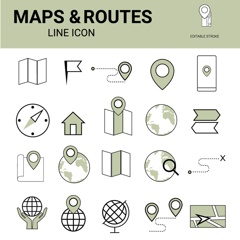 Sada ikon map a tras s upravitelným tahem. - Features Image 1