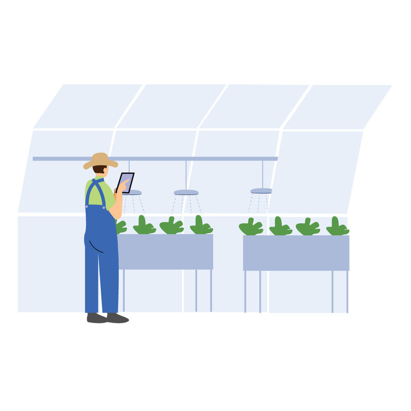 Illustrazione di un cartone animato di un agricoltore che utilizza un'app per tablet in una serra per l'agricoltura intelligente IoT e il controllo remoto - Caratteristiche Immagine 1
