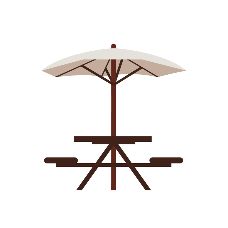 Illustrazione vettoriale dell'area ricreativa con ombrellone, tavolo e panche da giardino - Caratteristiche Immagine 1