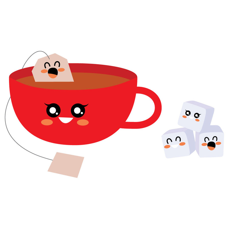 Graziosa tazza da tè rossa con allegra bustina di tè e cubetti di zucchero kawaii - Caratteristiche Immagine 1
