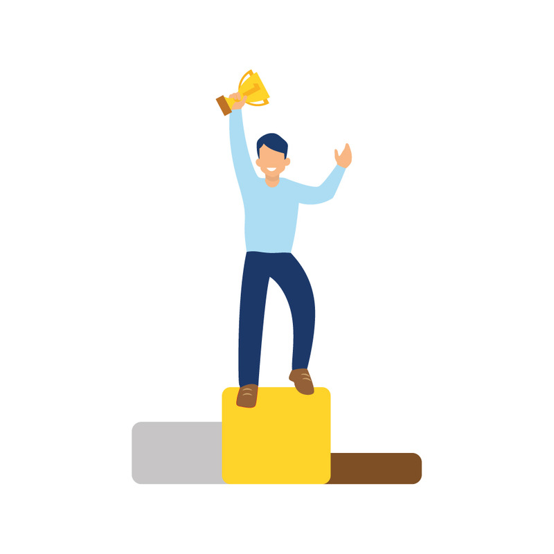 Imprenditore vittorioso che tiene in mano un trofeo sul podio dei vincitori - Caratteristiche Immagine 1