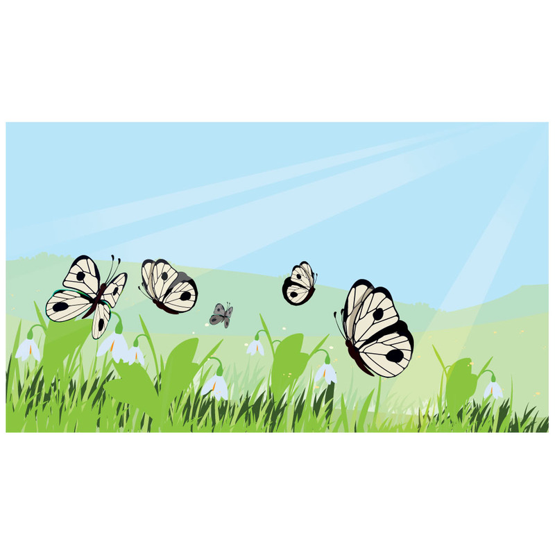 Frühlingshintergrund mit Schmetterlingen und blühenden Schneeglöckchen auf einer grasbewachsenen Wiese - Eigenschaften Bild 1