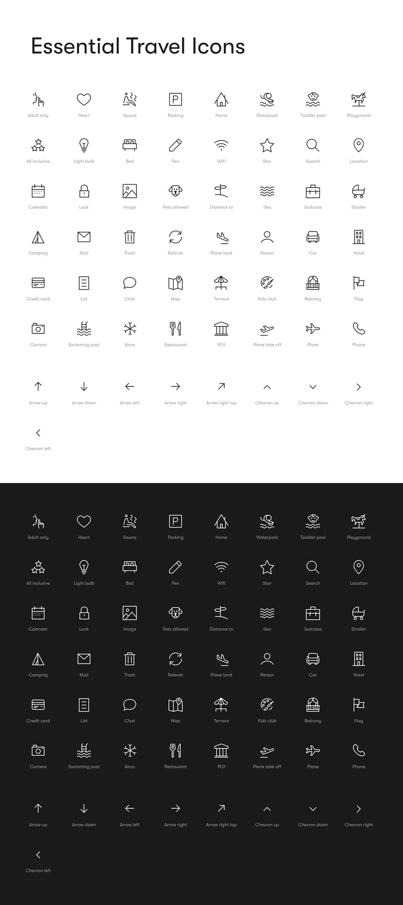 Essential Travel Icon Set - UI Elements, Food, Travel, Outdoors, Sketch, Figma, SVG, PNG, Graphics - Features Image 1
