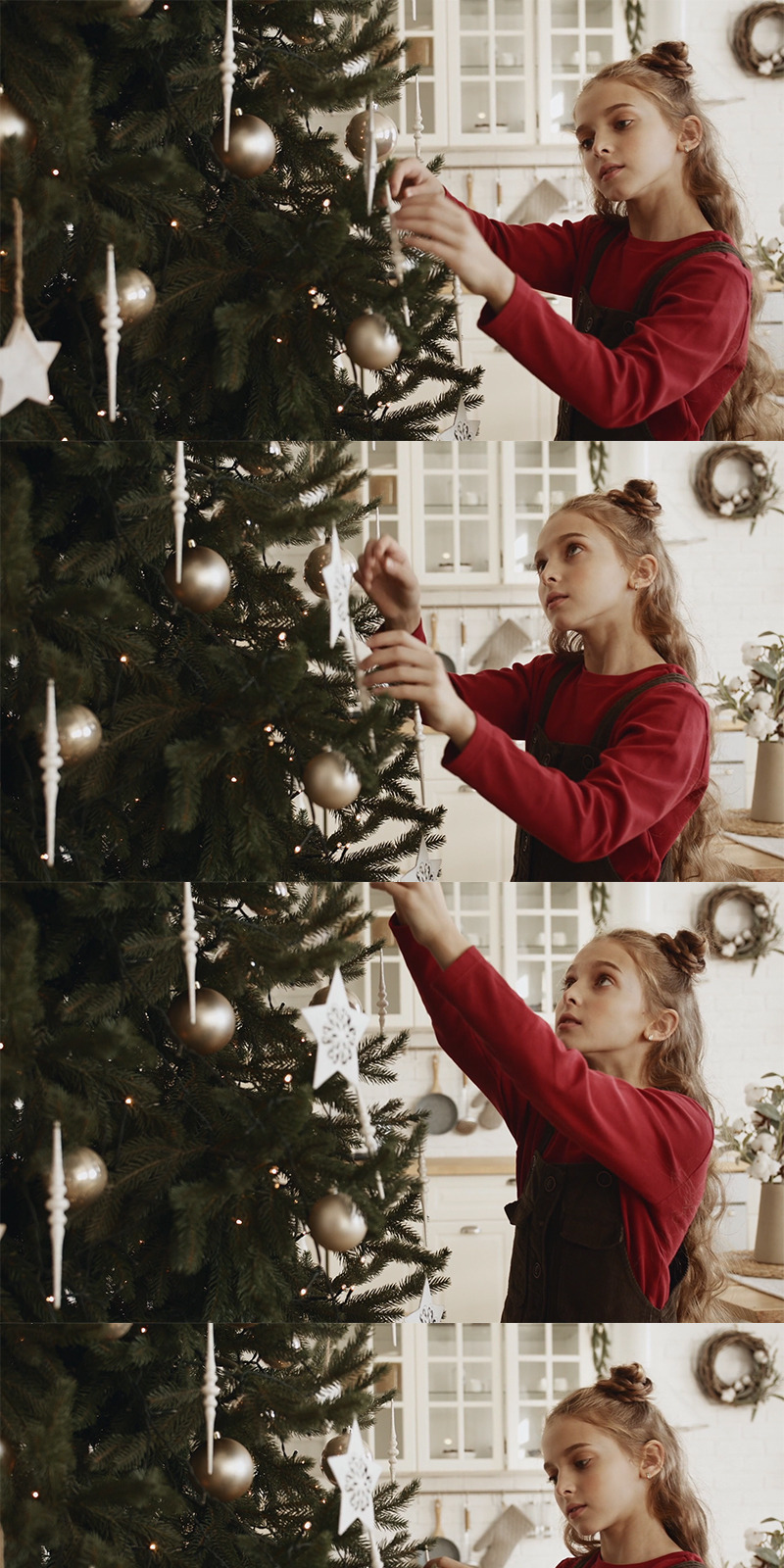 A Girl Busy Arranging The Ornament Decors Hanging In A Christmas Tree Stock Video - Features Image 1