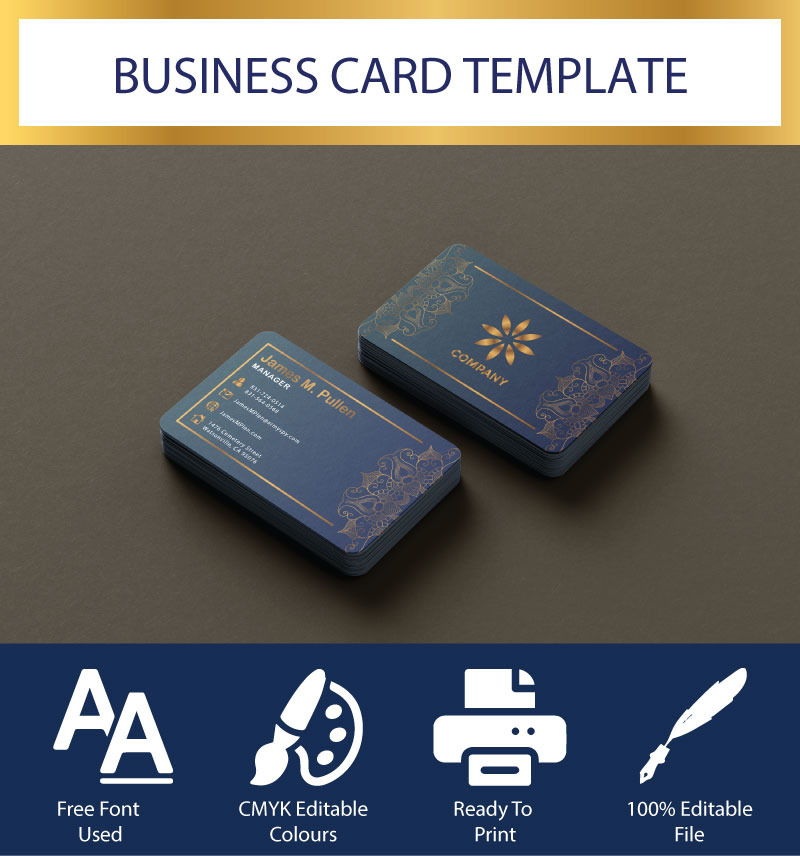 Modello di biglietto da visita elegante in oro e blu scuro – Design professionale premium - Caratteristiche Immagine 1