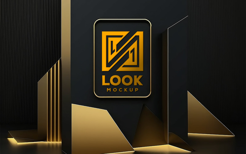 Mockup del logo del segno | mockup del logo su sfondo nero e oro | modello di logo sul bordo nero e oro - Caratteristiche Immagine 1