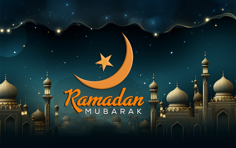 Design Ramadan Mubarak con sfondo moschea di notte | Design Ramadan Mubarak | festa islamica - Caratteristiche Immagine 1