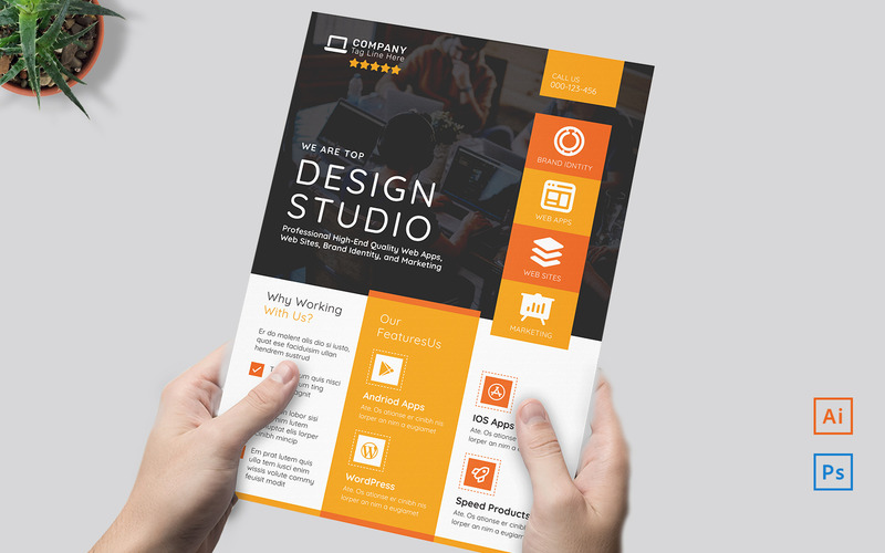 Multipurpose Printable A4 Design Company Studio Flyer PSD - Features Image 2