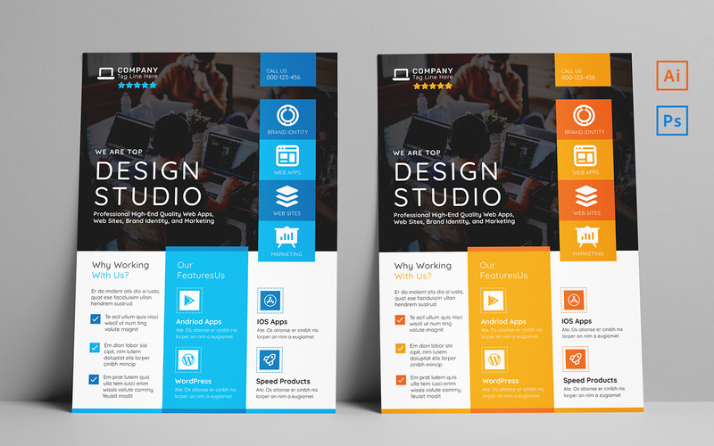 Multipurpose Printable A4 Design Company Studio Flyer PSD - Features Image 1