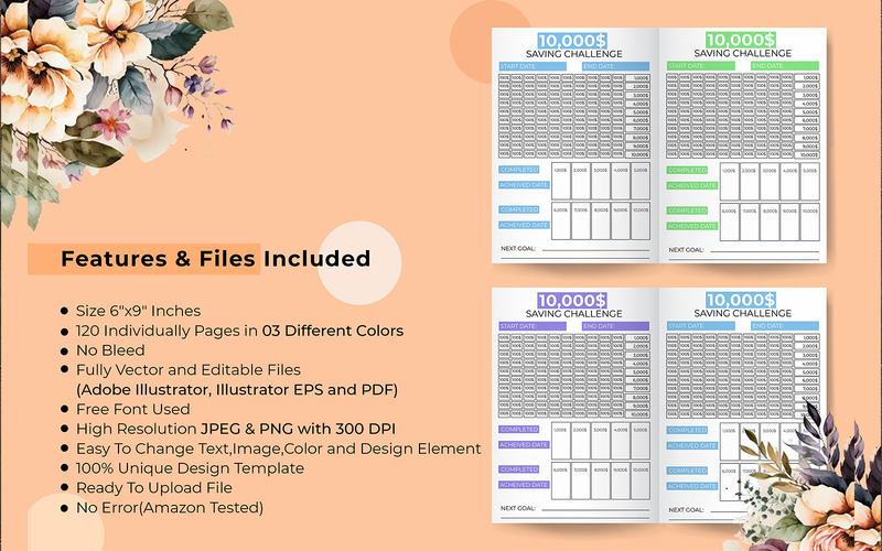 10K Saving Challenge Journal Planner Kdp Interior in 3 verschiedenen Farben - Eigenschaften Bild 3
