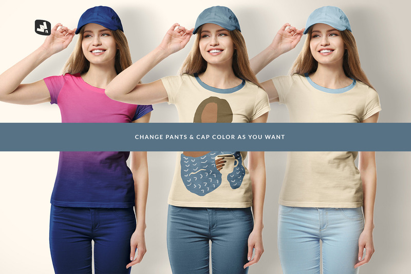 T-shirt damski z czapką makieta - Obraz funkcji 5