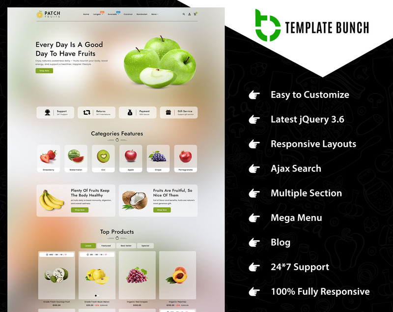 Patch Fruits - Tema Shopify reattivo per l'eCommerce - Caratteristiche Immagine 1