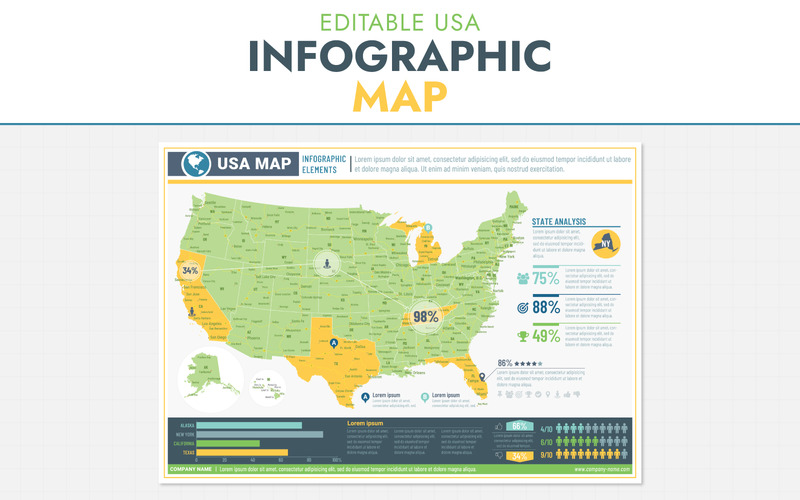 Infografisk karta över USA | Redigerbar vektor och utskrivbar | Anpassningsbara stater | Datavisualisering - Features Image 1
