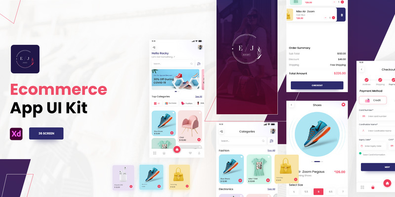 EJ shop Ecommerce App - Adobe XD Mobile UI Kit - Features Image 1