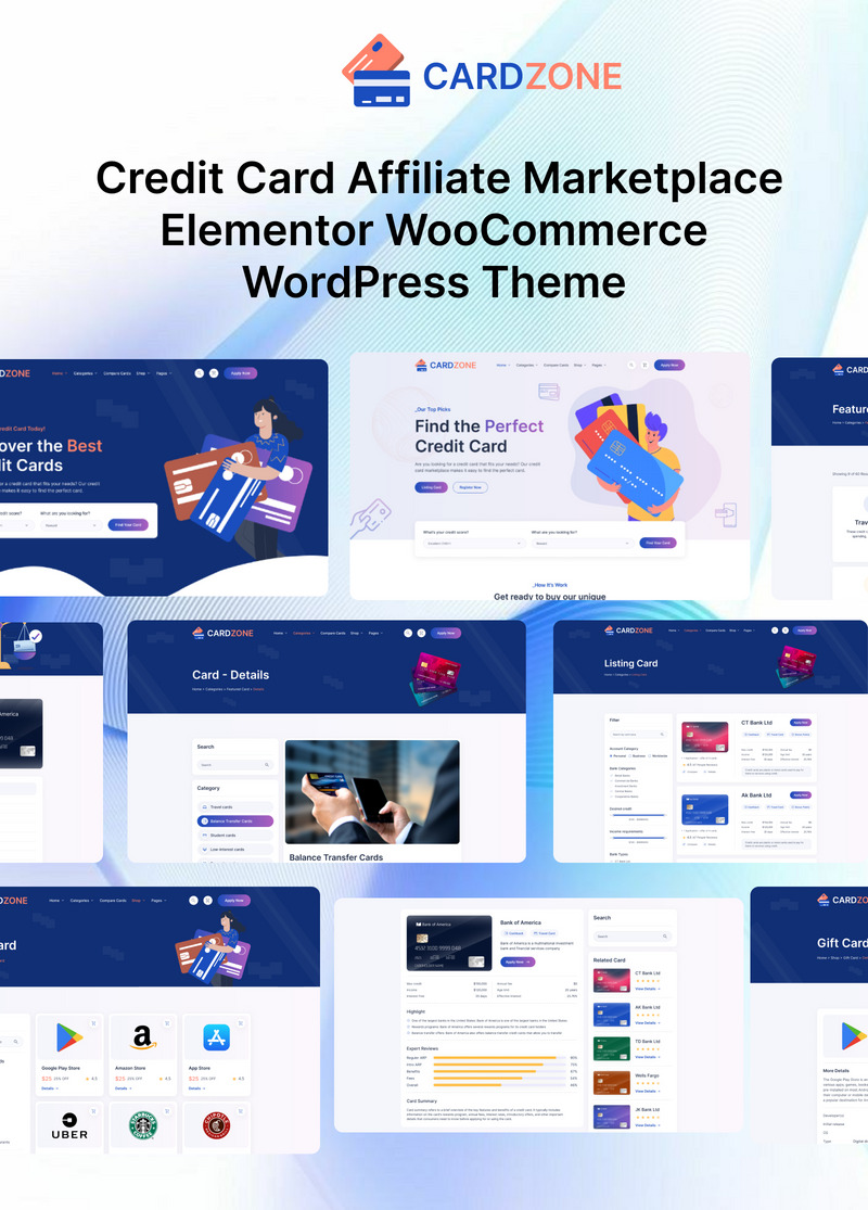 CardZone - партнерская торговая площадка кредитных карт для Elementor WooCommerce WordPress Theme - Features Image 1