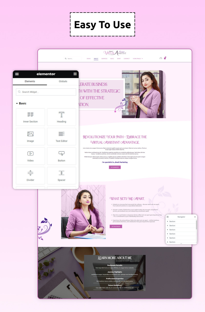 Eliana Women Virtual Assistance WordPress Elementor Template Kit - Features Image 3