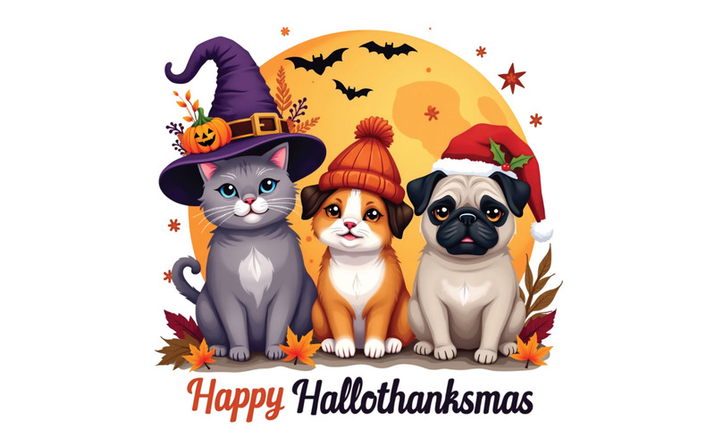 Halloween-Katze und -Hund mit Weihnachtsmützen – Süße PNG-Illustration für Weihnachtsbasteleien und Karten - Eigenschaften Bild 1